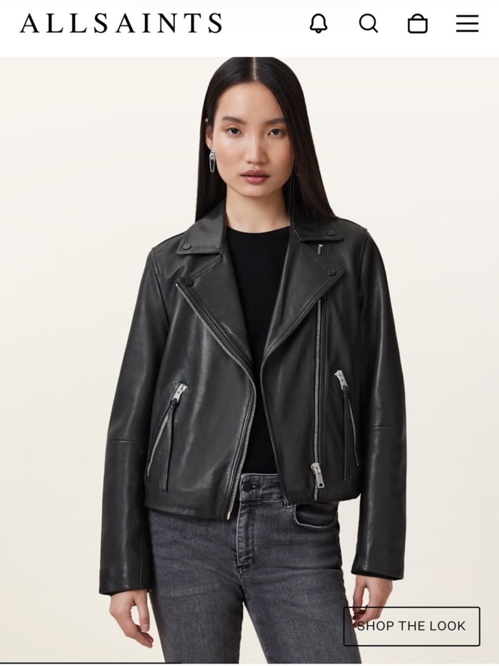 AllSaints Dalby Biker Black Leather Jacket with Silver Zippers